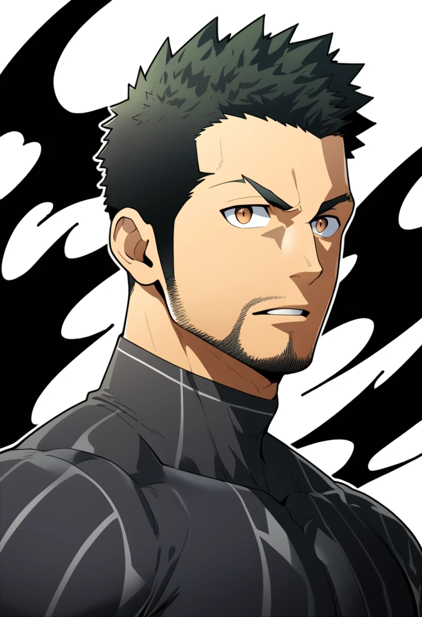 one negro, anime characters:Gyee, Priapus, 1 muscle man, negro black skin, Very Black, muscular tough guy, Manliness, male focus, Grey long sleeve turtleneck tight t-shirt, Regular symmetrical pattern, Very tight, muscular male, muscular, only, Upper body, alone, Black short hair, Thick eyebrows, stubble, Brown eyes, White background, simple background, amazing quality, best aesthetics, Ridiculous, bright pupils, crew cut, parted lips, v-shaped eyebrows, jitome, best quality