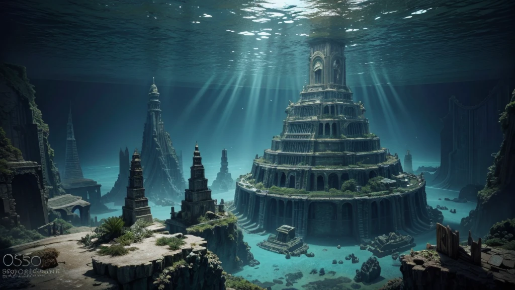 Photograph Submerged Atlantis: A vast underwater world with crystal cities, intelligent sea creatures and ruins of a lost civilization.