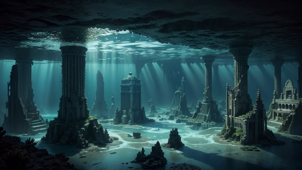 Photograph Submerged Atlantis: A vast underwater world with crystal cities, intelligent sea creatures and ruins of a lost civilization.
