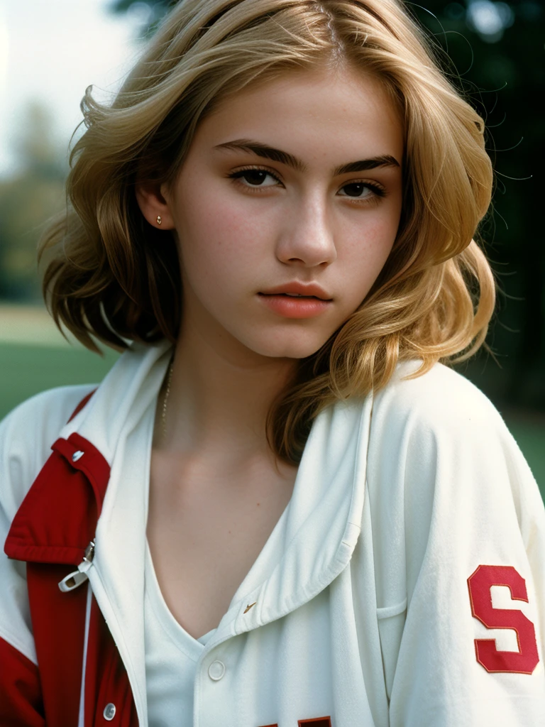 Minimalist and elegant photography, 1990s, (beautiful) 22-year-old model, wearing a baseball jacket, high school background, natural lighting, chaos, minimalist, close-up portrait photo (taken with Portra 400).