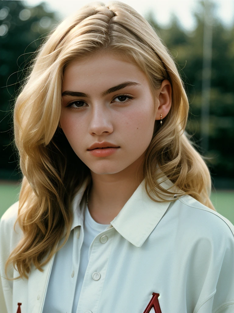 Minimalist and elegant photography, 1990s, (beautiful) 22-year-old model, wearing a baseball jacket, high school background, natural lighting, chaos, minimalist, close-up portrait photo (taken with Portra 400).