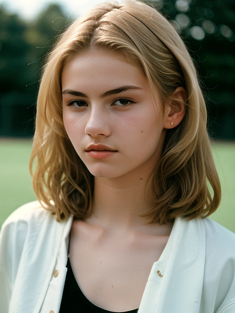 Minimalist and elegant photography, 1990s, (beautiful) 22-year-old model, wearing a baseball jacket, high school background, natural lighting, chaos, minimalist, close-up portrait photo (taken with Portra 400).