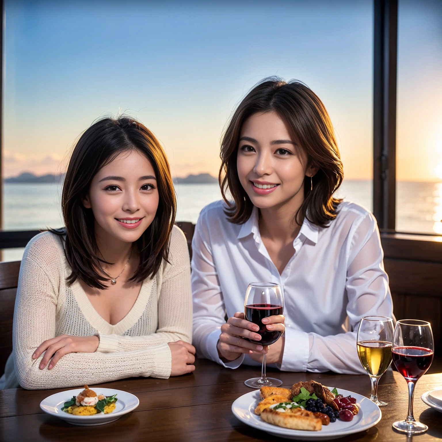 ((Highest quality、8k、masterpiece:1.3))、 (Genuineistic, Genuine、Bright image、Intricate details:1.2), 最高のsmile、1 male, 1 female、Beautiful couple、Satomi Ishihara-like lover、Good friend、actress couple、smile、Full-course dinner at a packed table、 (Slim face), (the body is slim), (Brown Hair), (short hair), テーブルのwine glass、Please shine a light on my face、 Amazing view of the sunset sky and clouds、 (36 years old)38 years old, red wine 、Appetizers、Wine bottle、sparkling wine、Long sleeve shirt、dress、White wine, red wine, wine glass,