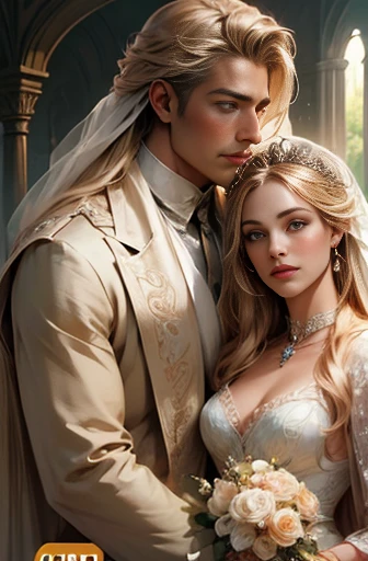 (masterpiece, highest quality, high resolution, 8k, difficulty: 1.2) photorealistic book cover in the genre of epic romantic fantasy, in the center of which a COUPLE (a man and a woman) is depicted. Spring romantic fantasy, A tall, handsome, statuesque, courageous young man, a platinum blonde in a luxurious wedding tuxedo, holds his bride in his arms (an incredibly beautiful young femme fatale blonde with long golden hair), she is wearing a luxurious chic wedding dress, jewelry, a beautiful veil, a tiara. She holds the bride's bouquet in her hands. They are happy, in love with each other. Masterpiece, beautiful face, beautiful facial features, perfect image, realistic photos, full-length image, 8k, detailed image, extremely detailed illustration, a real masterpiece of the highest quality, with careful drawing. glow. In full growth. proportional, delicate, shimmering, beautiful faces, daytime bokeh, fairy tale fairy, mysterious, bright spring color scheme, (Best quality, 8K, high resolution, Masterpiece: 1.2), Ultra-detailed (Realistic, Photorealistic, photorealistic-realistic: 1.37), Artistic design in a creative style, Historical, classic, refined, many colors, high detail, soft lighting, luxurious furnishings, dress with details, bright flowers, exquisite jewelry, Unearthly atmosphere, Elegant pose, Graceful curves, Loose hair, Breathtaking patterns on textiles, Delicate floral decor, Dazzling set of crystal accessories, Mysterious and dreamy atmosphere, impeccable attention to detail. expressive eyes, a beautiful face.