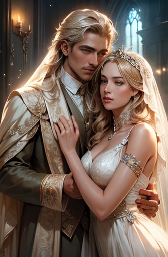 (masterpiece, highest quality, high resolution, 8k, difficulty: 1.2) photorealistic book cover in the genre of epic romantic fantasy, in the center of which a COUPLE (a man and a woman) is depicted. Spring romantic fantasy, A tall, handsome, statuesque, courageous young man, a platinum blonde in a luxurious wedding tuxedo, holds his bride in his arms (an incredibly beautiful young femme fatale blonde with long golden hair), she is wearing a luxurious chic wedding dress, jewelry, a beautiful veil, a tiara. She holds the bride's bouquet in her hands. They are happy, in love with each other. Masterpiece, beautiful face, beautiful facial features, perfect image, realistic photos, full-length image, 8k, detailed image, extremely detailed illustration, a real masterpiece of the highest quality, with careful drawing. glow. In full growth. proportional, delicate, shimmering, beautiful faces, daytime bokeh, fairy tale fairy, mysterious, bright spring color scheme, (Best quality, 8K, high resolution, Masterpiece: 1.2), Ultra-detailed (Realistic, Photorealistic, photorealistic-realistic: 1.37), Artistic design in a creative style, Historical, classic, refined, many colors, high detail, soft lighting, luxurious furnishings, dress with details, bright flowers, exquisite jewelry, Unearthly atmosphere, Elegant pose, Graceful curves, Loose hair, Breathtaking patterns on textiles, Delicate floral decor, Dazzling set of crystal accessories, Mysterious and dreamy atmosphere, impeccable attention to detail. expressive eyes, a beautiful face.