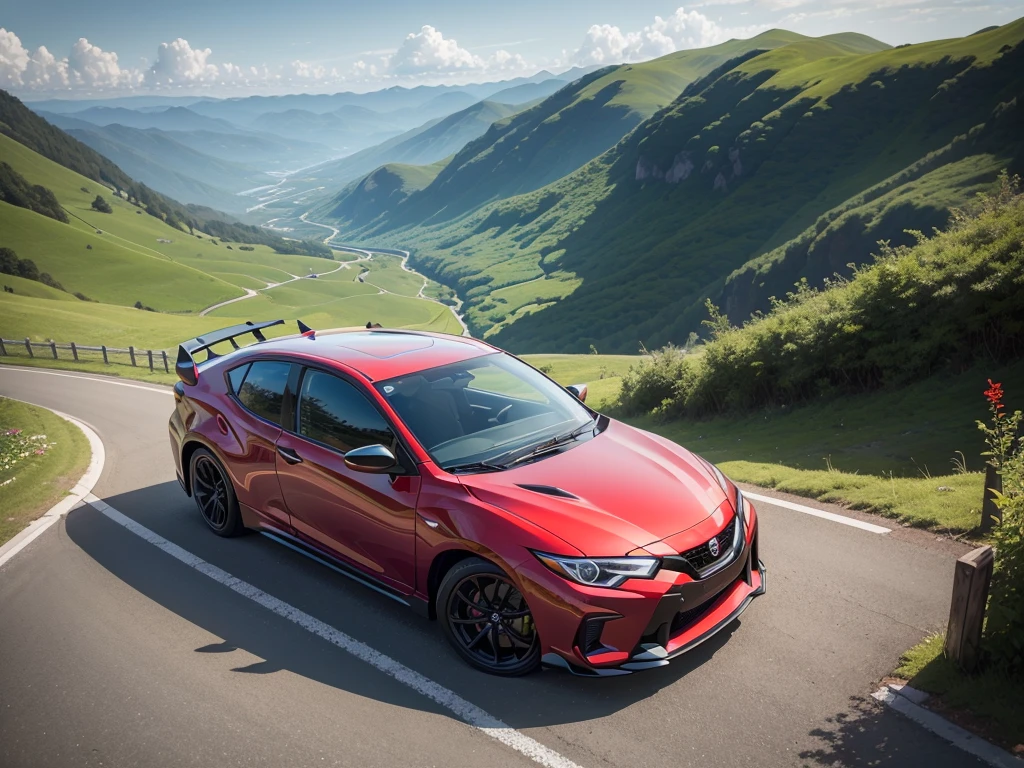beautiful woman corolla toytota and spoRts caR、超A high Resolution、An ultRa-high pictuRe quality、8K、WondeRful expRession with attention to detail、eaRly summeR valley、beautiful fResh gReen、A bRight Red spoRts caR paRked on a mountain pass.Nissan PulsaR GTS-R spoRts 5 dooR coupe