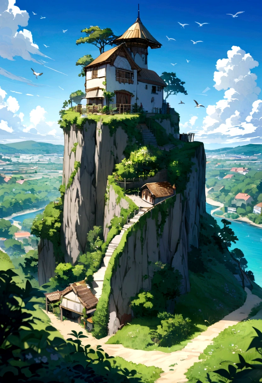 Give me a picture in which a boy is standing on top of a hill. There is a beach near that hill. There is greenery all around, beautiful blue sky and birds are flying in the sky.