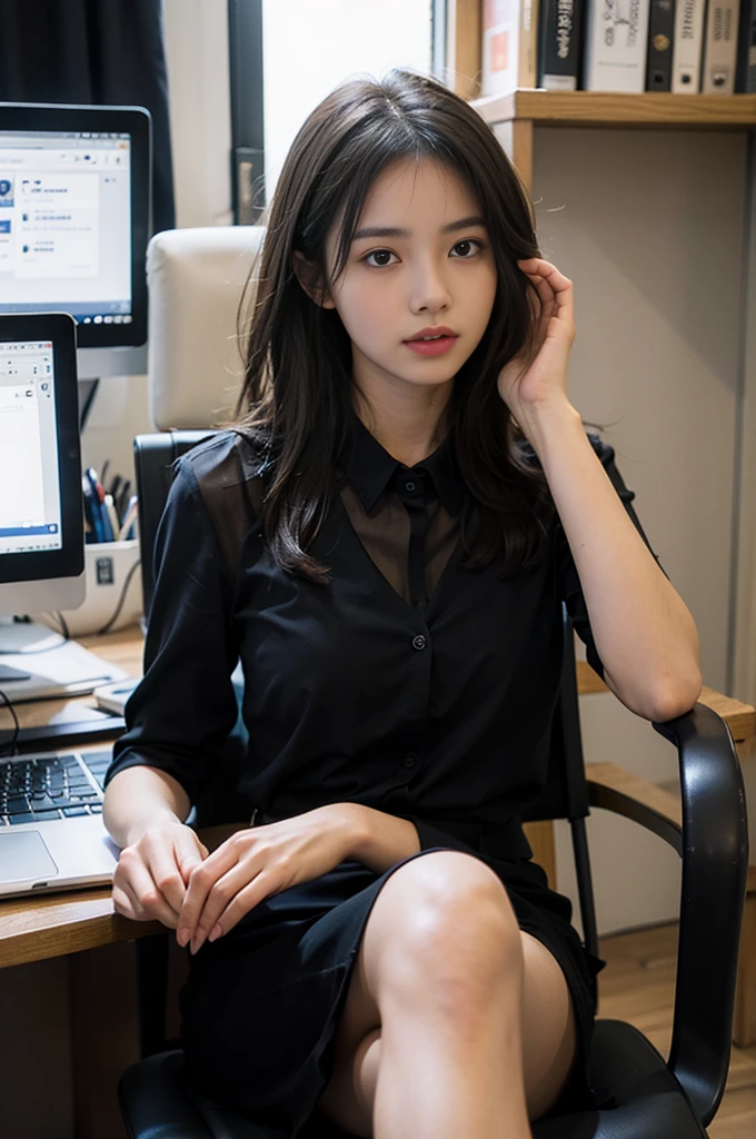 One girl sitting on an office chair,computer,(european model:1.3),31 years old,Delicate,business women's clothing,(Jacket:1.1),(shirt:1.1),(Wrap skirt:1.1),jewelry,socks,stockings,黒のレンスstockings,It gives me goosebumps,Goose - meat,(Faithfulness:1.3),Filigree,quality,(masterpiece:1.2),(Faithfulness:1.2),(最高quality),(Skin details:1.3),(Intricate details),dramatic,Ray Tracing,photograph,In the Shadows,Visual novel,Skyscraper boss's office,Windows with city views,Film Grain,Depth of written boundary