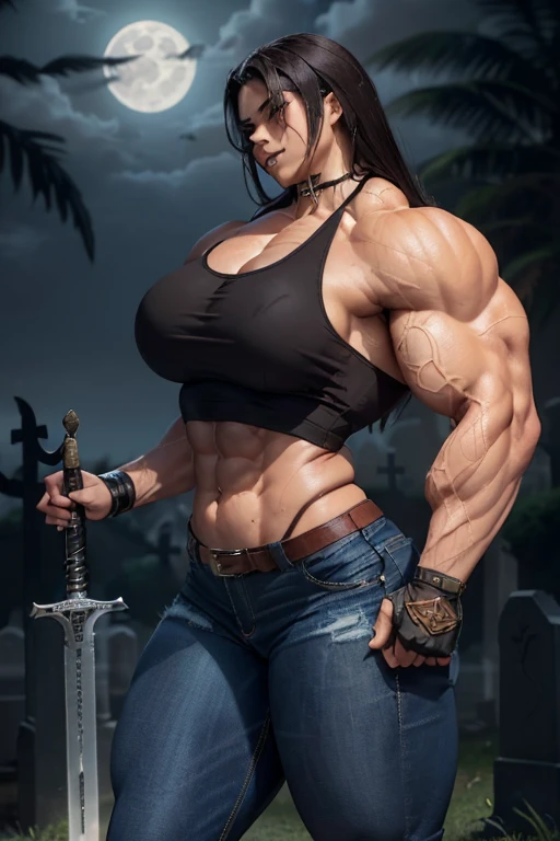 (((((Massive, beautiful, light brown skinned, buff, muscular female vampire slayer with black hair, black lipstick, ginormous bulky muscles, brandishing a sword and wearing a tight tank top and tight denim pants))))), (close view), (massive muscles), massive biceps, hyper muscle shoulders, vascular shoulders, hyper muscle triceps, (long straight hair), orange eyes, (gauntlets), denim pants, chain belt, choker, thigh high heels, holding a sword, (in a moonlit cemetery), fingerless gloves, closed smile, night, hyper vascular arm, hyper muscles arms, hyper muscle legs, massive arms.