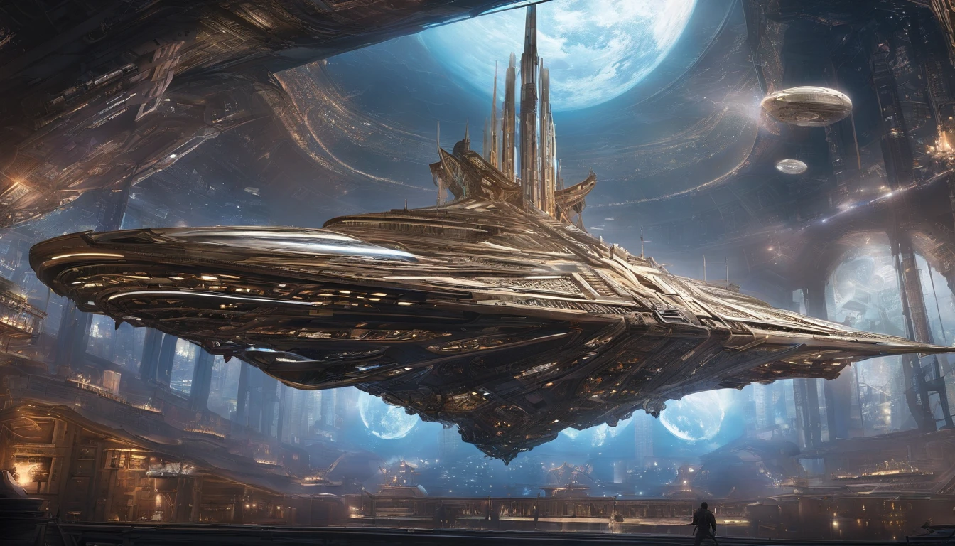 A breathtaking, awe-inspiring steampunk star batship designed by Spielberg, soaring through the vastness of space near Saturn. The ship is adorned with 750,000 intricate details and features, including a glowing motherboard that forms its backbone. Smoke exiting it's tailpipe and riveting artillery are visible, while sparks crackle in the periphery. The crystal diamond bat-ear-shaped nacelles in the rear illuminate the scene, and the ship's design seamlessly blends elements of anime, fashion, ukiyo-e, architecture, and more. The overall atmosphere is a captivating dark fantasy world, combining typography, product, poster, 3D render, portrait photography, cinematic elements, conceptual art, and graffiti into a visually stunning masterpiece.