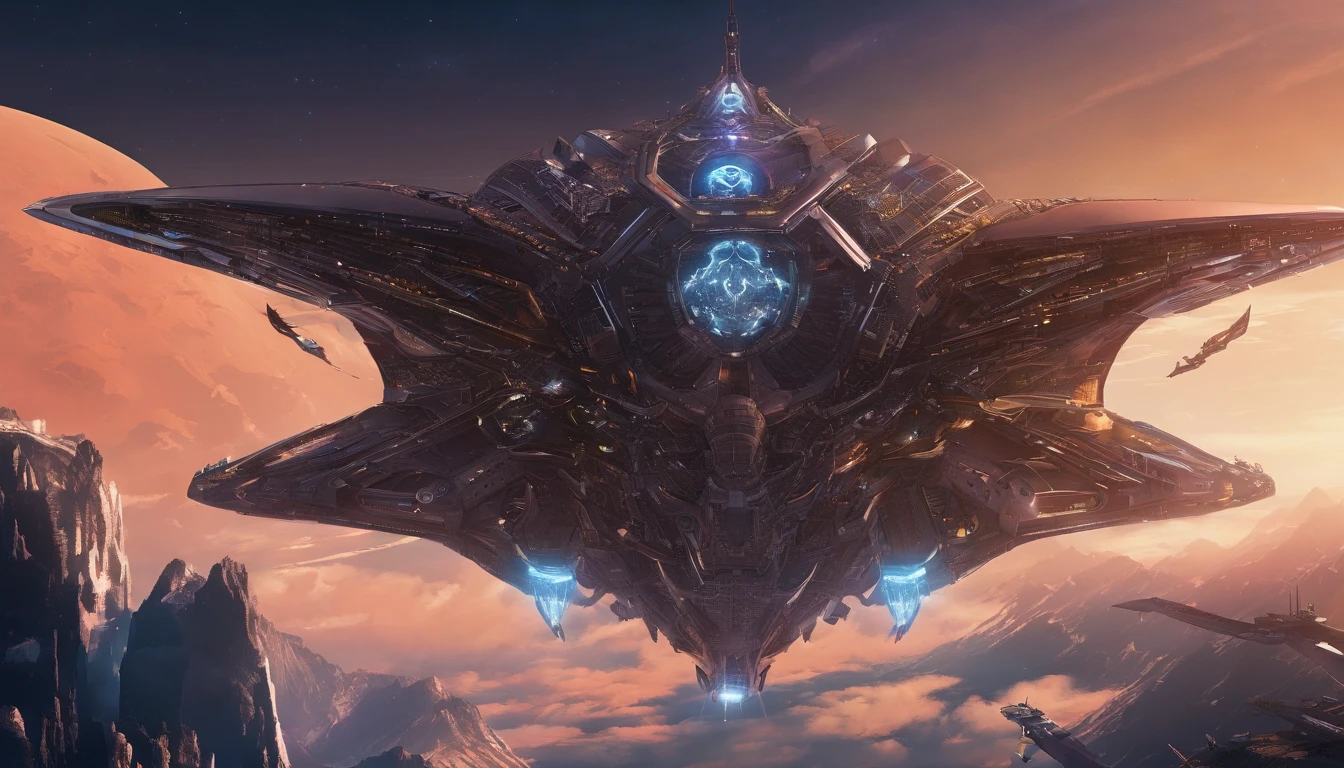 A breathtaking, awe-inspiring steampunk star batship designed by Spielberg, soaring through the vastness of space near Saturn. The ship is adorned with 750,000 intricate details and features, including a glowing motherboard that forms its backbone. Smoke exiting it's tailpipe and riveting artillery are visible, while sparks crackle in the periphery. The crystal diamond bat-ear-shaped nacelles in the rear illuminate the scene, and the ship's design seamlessly blends elements of anime, fashion, ukiyo-e, architecture, and more. The overall atmosphere is a captivating dark fantasy world, combining typography, product, poster, 3D render, portrait photography, cinematic elements, conceptual art, and graffiti into a visually stunning masterpiece.