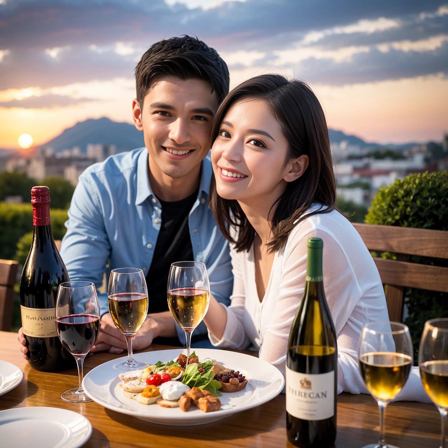 ((Highest quality、8k、masterpiece:1.3))、 (Genuineistic, Genuine、Bright image、Intricate details:1.2), 最高のsmile、1 male,1 female、Beautiful couple、lover、fiancee、Good friend、actress couple、smile、Full-course dinner at a packed table、 (Slim face), (the body is slim), (Brown Hair), (short hair), テーブルのwine glass、Please shine a light on my face、 Amazing view of the sunset sky and clouds、 (42 years old)38 years old, red wine 、Appetizers、Wine bottle、sparkling wine、Long sleeve shirt、dress、White wine, red wine, wine glass,