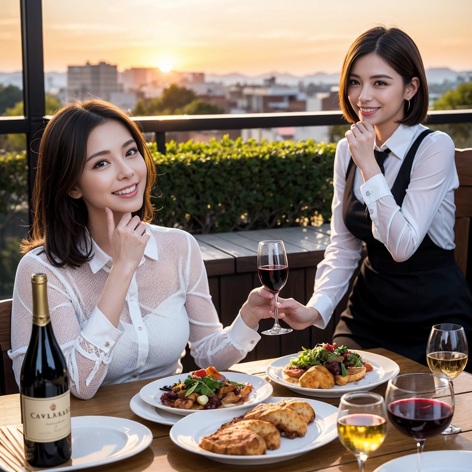 ((Highest quality、8k、masterpiece:1.3))、 (Genuineistic, Genuine、Bright image、Intricate details:1.2), 最高のsmile、1 male,1 female、Beautiful couple、lover、fiancee、Good friend、actress couple、smile、Full-course dinner at a packed table、 (Slim face), (the body is slim), (Brown Hair), (short hair), テーブルのwine glass、Please shine a light on my face、 Amazing view of the sunset sky and clouds、 (42 years old)38 years old, red wine 、Appetizers、Wine bottle、sparkling wine、Long sleeve shirt、dress、White wine, red wine, wine glass,