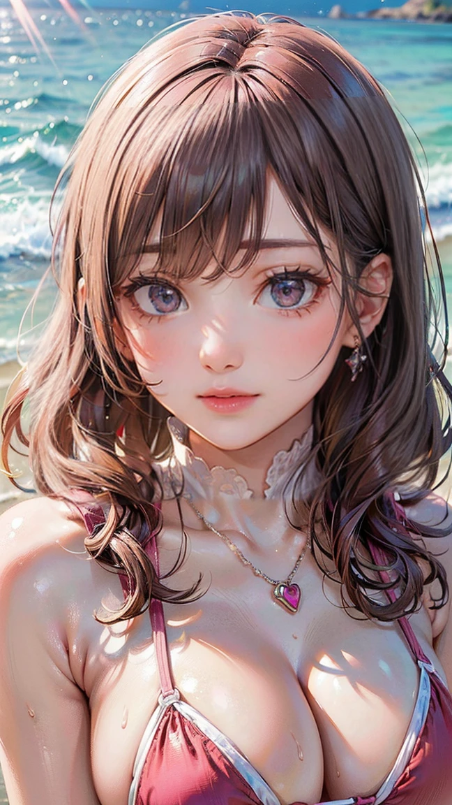 (Masterpiece, BestQuality:1.3), (ultra detailed:1.2), (hyperrealistic:1.3), (RAW photo:1.2), High detail RAW color photo, professional photograph, (Photorealistic:1.4), (realistic:1.4), professional lighting, perfect anatomy, (Big Breasts:1.2), (blush, detailed face), (cheerful Smile:1.5), Trending Hair&Trending Hairカラーをランダムに, earrings, necklace, bracelet, sexy, erotic sexy, Random sexy gravure poses, (Sexy beauty in bikini、She is posing sexy on the beach。Pink wavy hair。:1.3)