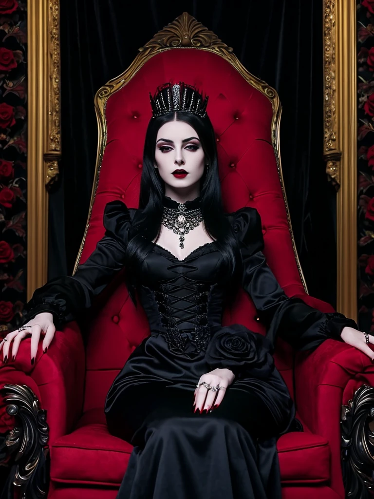 araffe dressed in a black dress sitting on a red chair, beautiful vampire female queen, beautiful elegant demon queen, beautiful vampire queen, dark goth queen, she is the queen of black roses, queen of darkness, vampire queen, sitting on her throne, elegant victorian vampire, on her throne, an elegant gothic princess, sitting on a throne, gothic regal