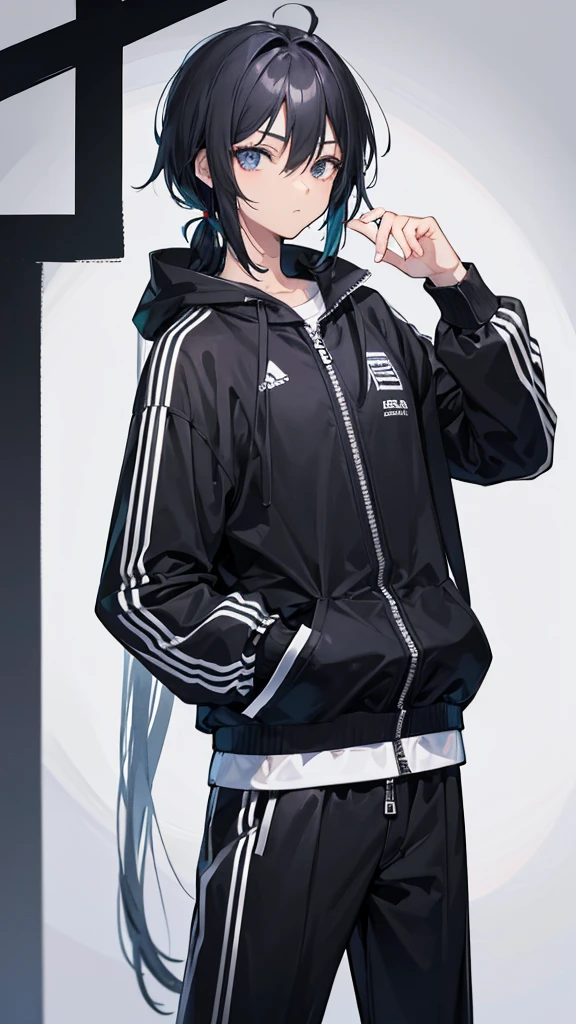 An illustration of a cool 15-year-old boy with black, face-length hair, wearing a tracksuit with the zipper open