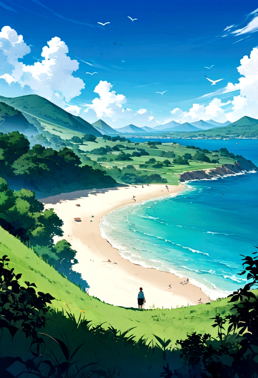 Give me a picture in which a anime boy is standing on top of a hill. There is a beach near that hill. There is greenery all around, beautiful blue sky and birds are flying in the sky.
