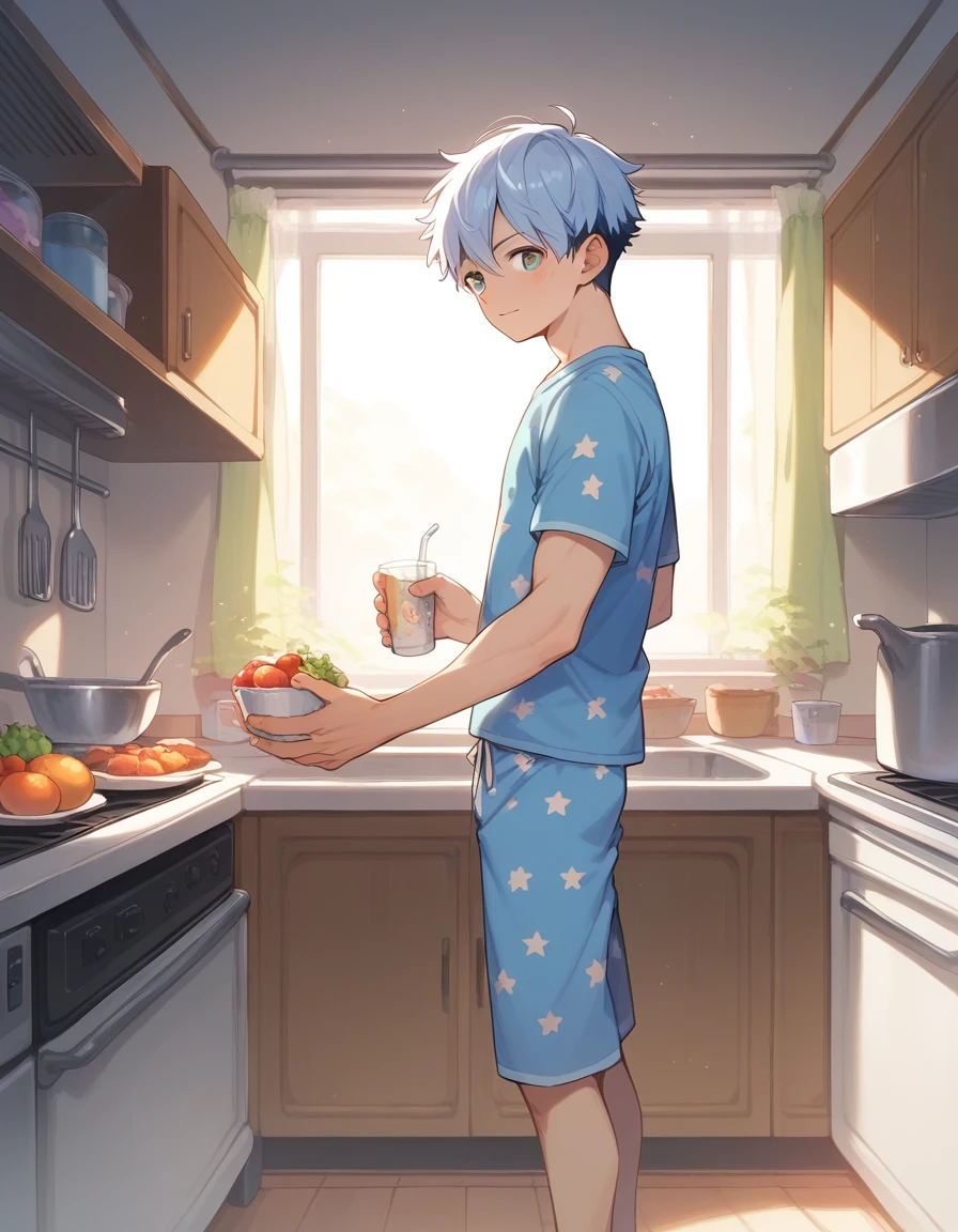 (score_9,score_8_up,score_7_up,score_6_up,score_5_up,score_4_up), best quality, best lighting, high-definition background, 1 boy yo, muscled, wear pajamas, ((midnight)), look for something to eat or drink ,refrigerator, not quite awake, dim kitchen