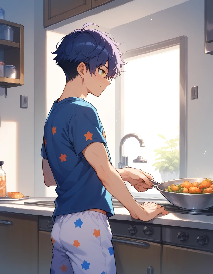 (score_9,score_8_up,score_7_up,score_6_up,score_5_up,score_4_up), best quality, best lighting, high-definition background, 1 boy yo, muscled, wear pajamas, ((midnight)), look for something to eat or drink ,refrigerator, not quite awake, dim kitchen