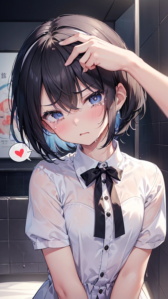 Highest quality、High resolution、masterpiece、((pajamas、Washroom、dentifrice、hair band、approach、Short Hair))、(((bukkake:1.5、cum on face、com on body)))、hair volume down，Are thin、、nsfw，((spoken heart，cum on face:1.2、cum on body:1.2))、slim body，Slender、junior high school student:1.2、sad、very short hair:1.2、((、cum on body，Bukkake、facial))、、Zoom in、Zoom in、boyish:1.5、Black Hair、Light blue eyes、Embarrassed、(from above:1.3)、Steam throughout:1.3、((crying、、saliva:1.2))、(pain、Frowning)、((とてもboyish:1.2)、Very small breasts)、(Lolita、younger sister)、Straight Hair:1.3、15 years old、((Angry:1.3、Glare:1.3、))、small breasts:1.2、nsfw