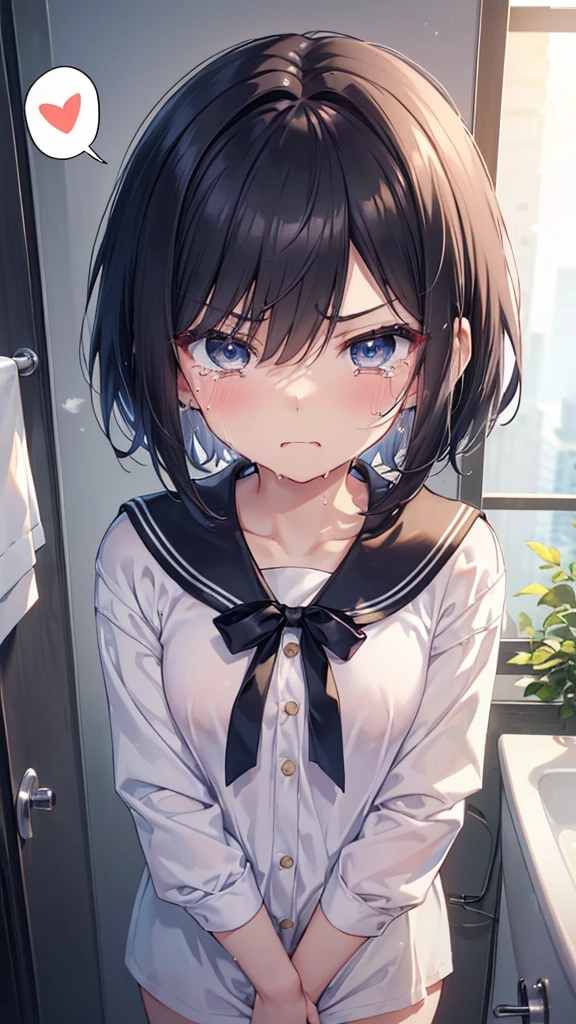 Highest quality、High resolution、masterpiece、((pajamas、Washroom、dentifrice、hair band、approach、Short Hair))、(((bukkake:1.5、cum on face、com on body)))、hair volume down,Are thin、、nsfw,((spoken heart,cum on face:1.2、cum on body:1.2))、slim body,Slender、junior high school student:1.2、sad、very short hair:1.2、((、cum on body,Bukkake、facial))、、Zoom in、Zoom in、boyish:1.5、Black Hair、Light blue eyes、Embarrassed、(from above:1.3)、Steam throughout:1.3、((crying、、saliva:1.2))、(pain、Frowning)、((とてもboyish:1.2)、Very small breasts)、(Lolita、younger sister)、Straight Hair:1.3、15 years old、((Angry:1.3、Glare:1.3、))、small breasts:1.2、nsfw