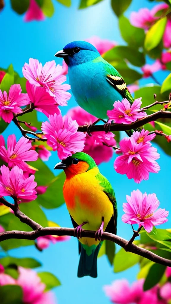 colorful bird perched on a branch of a tree with pink flowers, lindo e colorido, colorful birds, lindo colorido, colorful bird with a long, foto hd colorida, Muito colorido, altamente colorido, muito colorido, imagem colorida, Maravilhosamente colorido, vibrante e colorido, rico colorido, Natureza bela, EXTREMAMENTE COLORIDO, colorido e vibrante, vivid and colorful, lindas cores vibrantes

