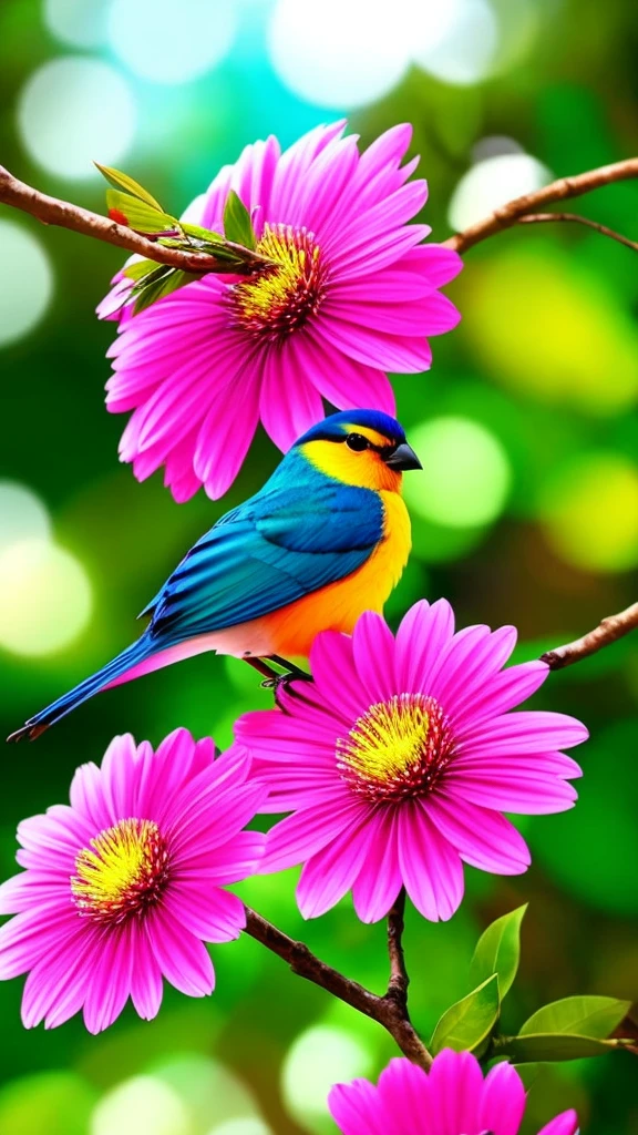 colorful bird perched on a branch of a tree with pink flowers, lindo e colorido, colorful birds, lindo colorido, colorful bird with a long, foto hd colorida, Muito colorido, altamente colorido, muito colorido, imagem colorida, Maravilhosamente colorido, vibrante e colorido, rico colorido, Natureza bela, EXTREMAMENTE COLORIDO, colorido e vibrante, vivid and colorful, lindas cores vibrantes