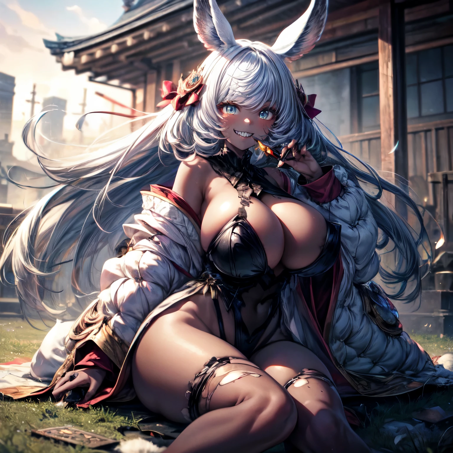 Masterpiece, detailed anime poster, (((wide smile, with extremely detailed sharp teeth in her mouth))), 1girl,solo,huge breasts, ghost costume , (hitodama) ,night, tombstone, graveyard,,, long sleeves, very long sleeves, , ghost, pale skin,, off shoulder, cleavage, no bra, (((extremely long white hair))), sitting on tombstone, bare legs, shredded tattered clothes, curvy wide hips, massive breasts, chubby thighs, (((beautiful pink anime eyes))), japanese temple,