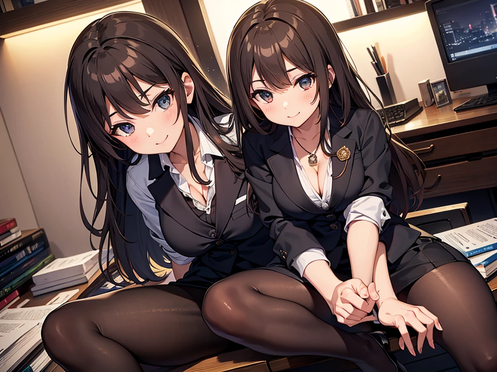 masterpiece, best quality, expressive eyes, perfect face, highly detailed, intricate detailed, atmospheric perspective, solo, 1mature seductive woman lean on desk, alluring pose, brown semi long hair, neckless, business suit, checked vest, blouse, black pencil skirt, tight mini skirt, cleavage, pantyhose, spread legs, panties, curvy, thighs, calm smile, office room, at night,