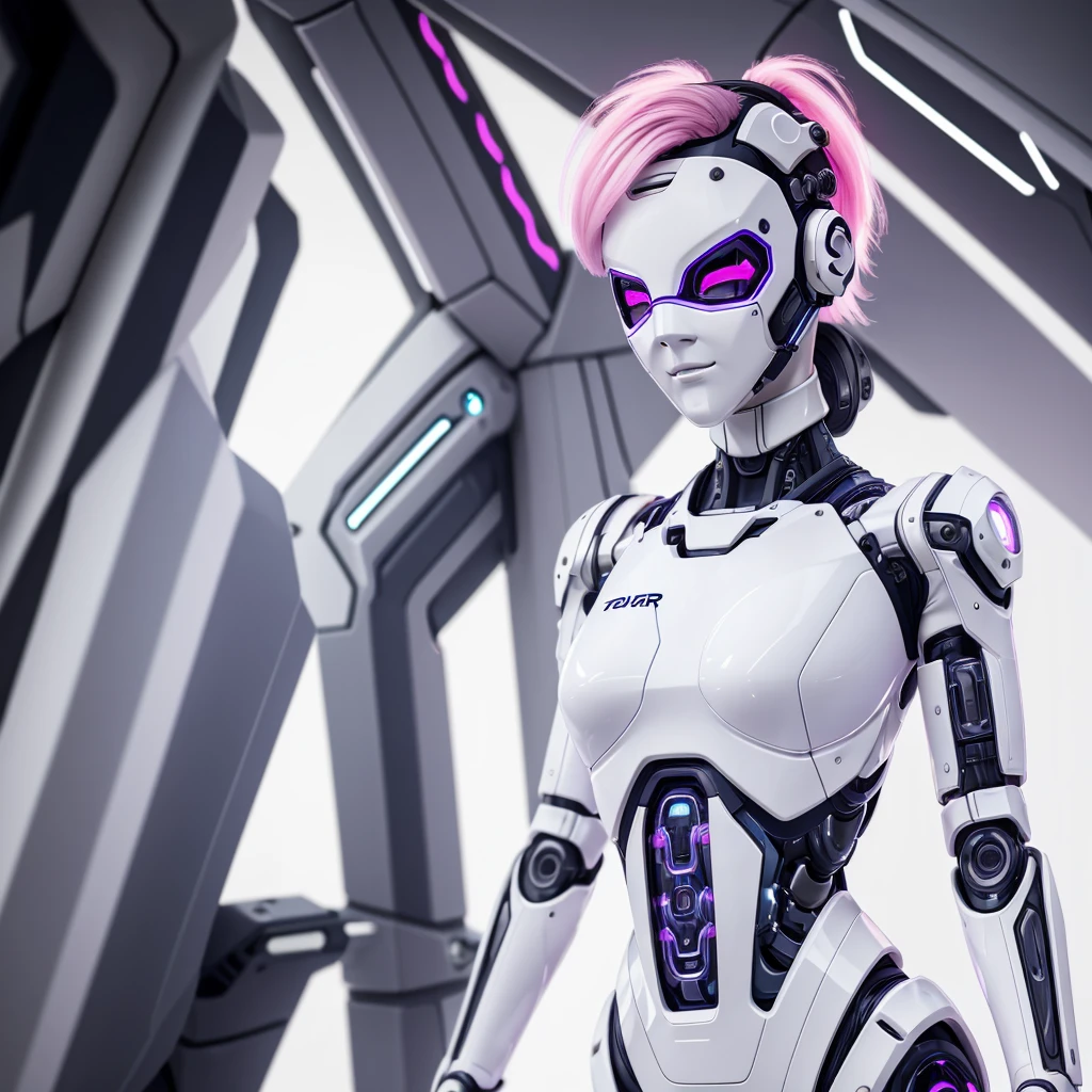 a girl with a sleek and attractive robotic body, featuring high-tech components. She has short pink hair, purple eyes, and an angry expression. She is wearing a mask that partially obscures her face, with her polished mechanical limbs and torso emphasizing her allure despite her intense emotions. ((white cyber masker)), ((body position standing upright)), close up,1girl, ((Close up))
