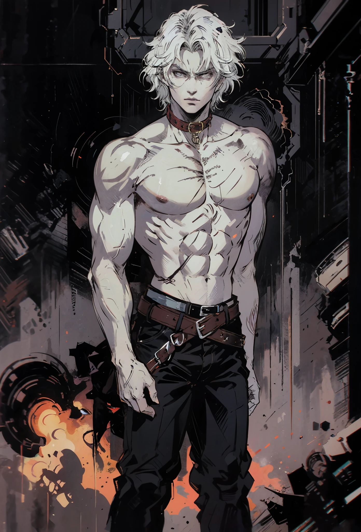 A young man with short gray hair, completely white skin, pale skin, resolute eyes, handsome face, serious expression, a metal collar around his neck, his upper body is bare, a slender yet muscular build, a purple demon tattoo is on his left shoulder, a black and white belt, cloth trousers, emitting a purple aura, he stands in a mining valley, the ground around him glowing red and cracking open, this character embodies a finely crafted fantasy-style slave warrior in anime style, exquisite and mature manga art style, dramatic, high definition, best quality, highres, ultra-detailed, ultra-fine painting, extremely delicate, professional, perfect body proportions, golden ratio, anatomically correct, symmetrical face, extremely detailed eyes and face, high quality eyes, creativity, RAW photo, UHD, 32k, Natural light, cinematic lighting, masterpiece-anatomy-perfect, masterpiece:1.5