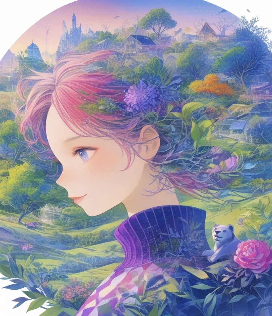 (Panorama, center, masterpiece, Highest quality: 1.2), Fantasy Illustration, Lion, bear, Big Circus, Clown performing magic, Evoke the magic. In purple hues, The background blends in with his hair., Creates an atmosphere of tranquility、Create harmonious compositions that capture the beauty of nature。. This illustration symbolizes the harmony between humans and the environment., Focus on the face，((Ultra high color saturation，Vibrant colors))