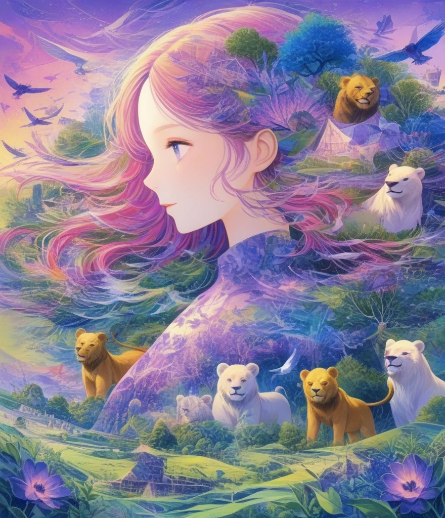 (Panorama, center, masterpiece, Highest quality: 1.2), Fantasy Illustration, Lion, bear, Big Circus, Clown performing magic, Evoke the magic. In purple hues, The background blends in with his hair., Creates an atmosphere of tranquility、Create harmonious compositions that capture the beauty of nature。. This illustration symbolizes the harmony between humans and the environment., Focus on the face，((Ultra high color saturation，Vibrant colors))