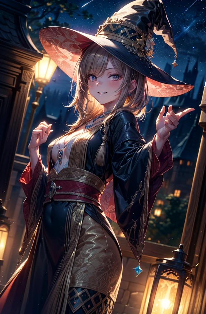 (masterpiece:),(best quality),(ultra detailed),perfect anatomy,rich in details,photorealism,highly detailed,(dutch angle: 1.2),((rich)),witch hat,necklace adorned with robe and detailed accessories,witch,beautiful female wizard,smirking,((light clothing,night dress)),((pose for photo)),upper body,BREAK // background is a beautifully detailed and decorated old castle,black shadow castle on a cliff,((starry sky)),natural light,crescent moon night,front lighting,lantern light source,(blurry background,depth of field: 1.4),medieval fantasy,OuterWorldAI,delicate colors,illustration,bright colors,beautiful,