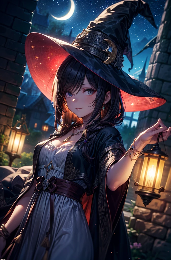 (masterpiece:),(best quality),(ultra detailed),perfect anatomy,rich in details,photorealism,highly detailed,(dutch angle: 1.2),((rich)),witch hat,necklace adorned with robe and detailed accessories,witch,beautiful female wizard,smirking,((light clothing,night dress)),((pose for photo)),upper body,BREAK // background is a beautifully detailed and decorated old castle,black shadow castle on a cliff,((starry sky)),natural light,crescent moon night,front lighting,lantern light source,(blurry background,depth of field: 1.4),medieval fantasy,OuterWorldAI,delicate colors,illustration,bright colors,beautiful,