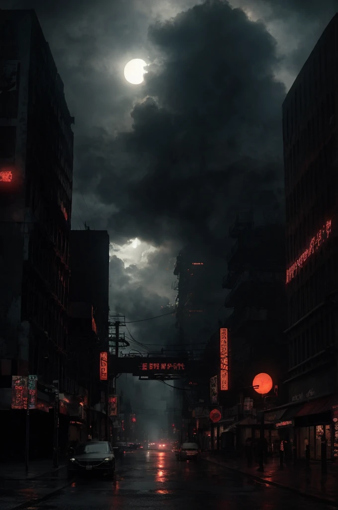 Fly through the streets of a post-apocalyptic metropolis、have cable-like dangling tentacles、Photo of a giant black otherworldly creature。, A faint red sun barely shines through the clouds, Very detailed, CinemaScope, Sulky, amazing, Realistic, Color graded film-like, Atmospheric lighting, Award-winning photo, Film Grain