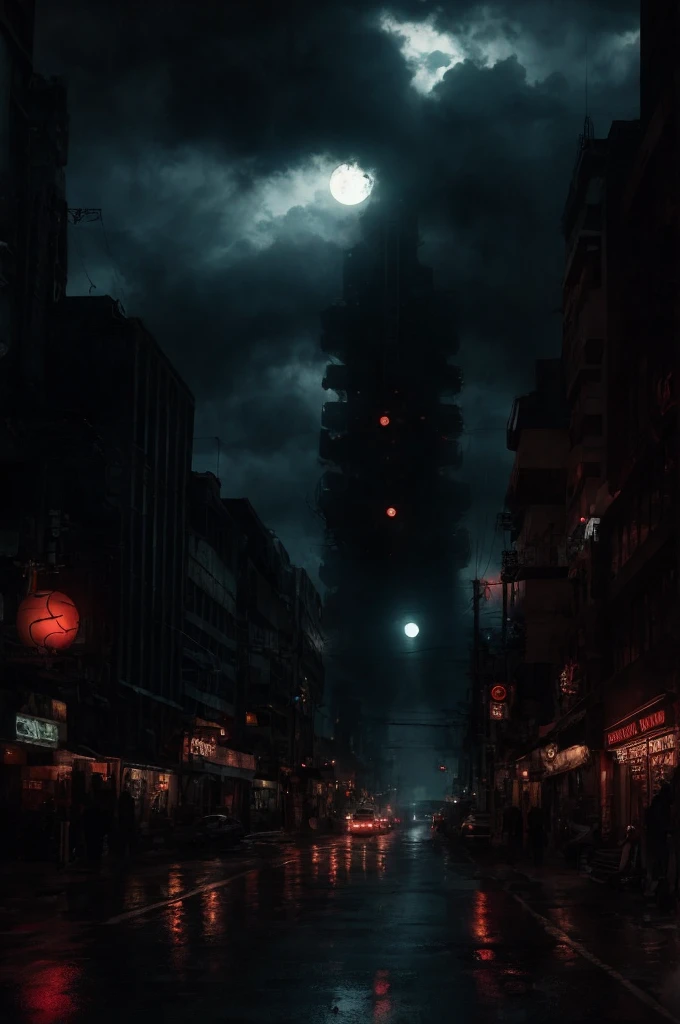 Fly through the streets of a post-apocalyptic metropolis、have cable-like dangling tentacles、Photo of a giant black otherworldly creature。, A faint red sun barely shines through the clouds, Very detailed, CinemaScope, Sulky, amazing, Realistic, Color graded film-like, Atmospheric lighting, Award-winning photo, Film Grain