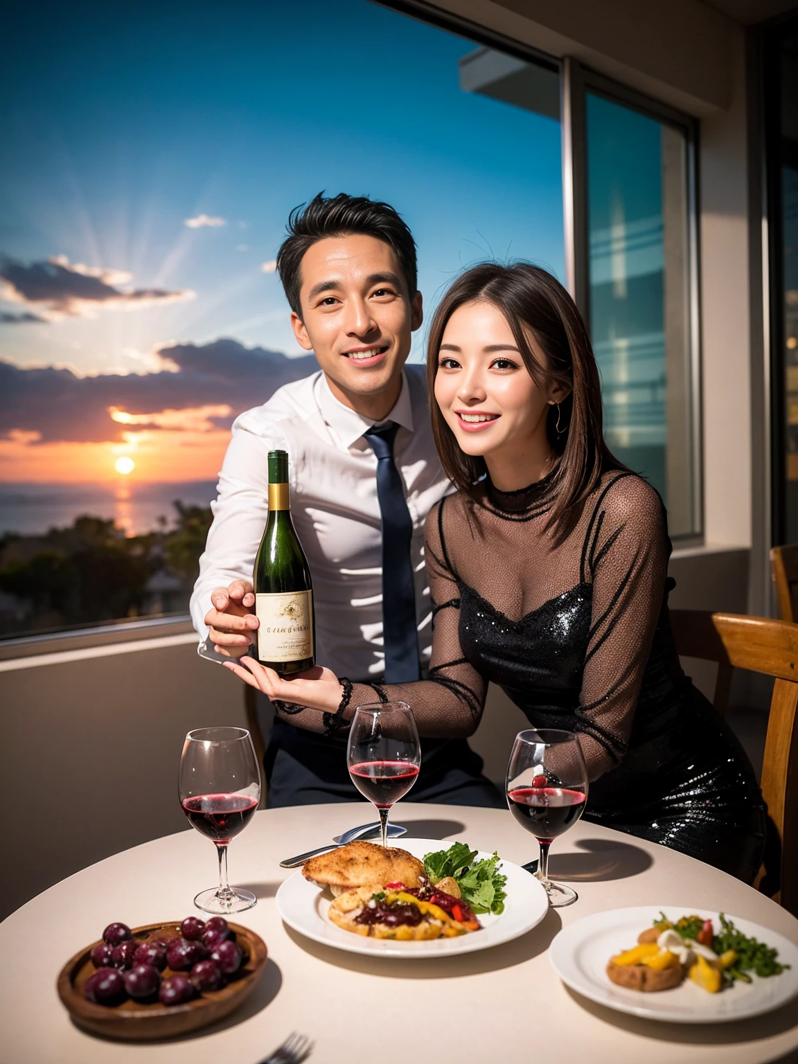 ((Highest quality、8k、masterpiece:1.3))、 (Genuineistic, Genuine、Bright image、Intricate details:1.2), 最高のsmile、1 male, 1 female、Beautiful couple、spouse、Relatives and friends、Good friend、actress couple、smile、Full-course dinner at a packed table、 (Slim face), (the body is slim), (Brown Hair), (short hair), テーブルのwine glass、Please shine a light on my face、 Amazing view of the sunset sky and clouds、 (42 years old)38 years old, red wine 、Appetizers、Wine bottle、sparkling wine、Long sleeve shirt、dress、White wine, red wine, wine glass,