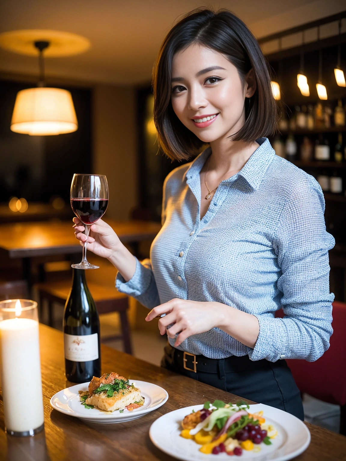 ((Highest quality、8k、masterpiece:1.3))、 (Genuineistic, Genuine、Bright image、Intricate details:1.2), 最高のsmile、1 male, 1 female、Beautiful couple、spouse、Relatives and friends、Good friend、actress couple、smile、Full-course dinner at a packed table、 (Slim face), (the body is slim), (Brown Hair), (short hair), テーブルのwine glass、Please shine a light on my face、 Amazing view of the sunset sky and clouds、 (42 years old)38 years old, red wine 、Appetizers、Wine bottle、sparkling wine、Long sleeve shirt、dress、White wine, red wine, wine glass,