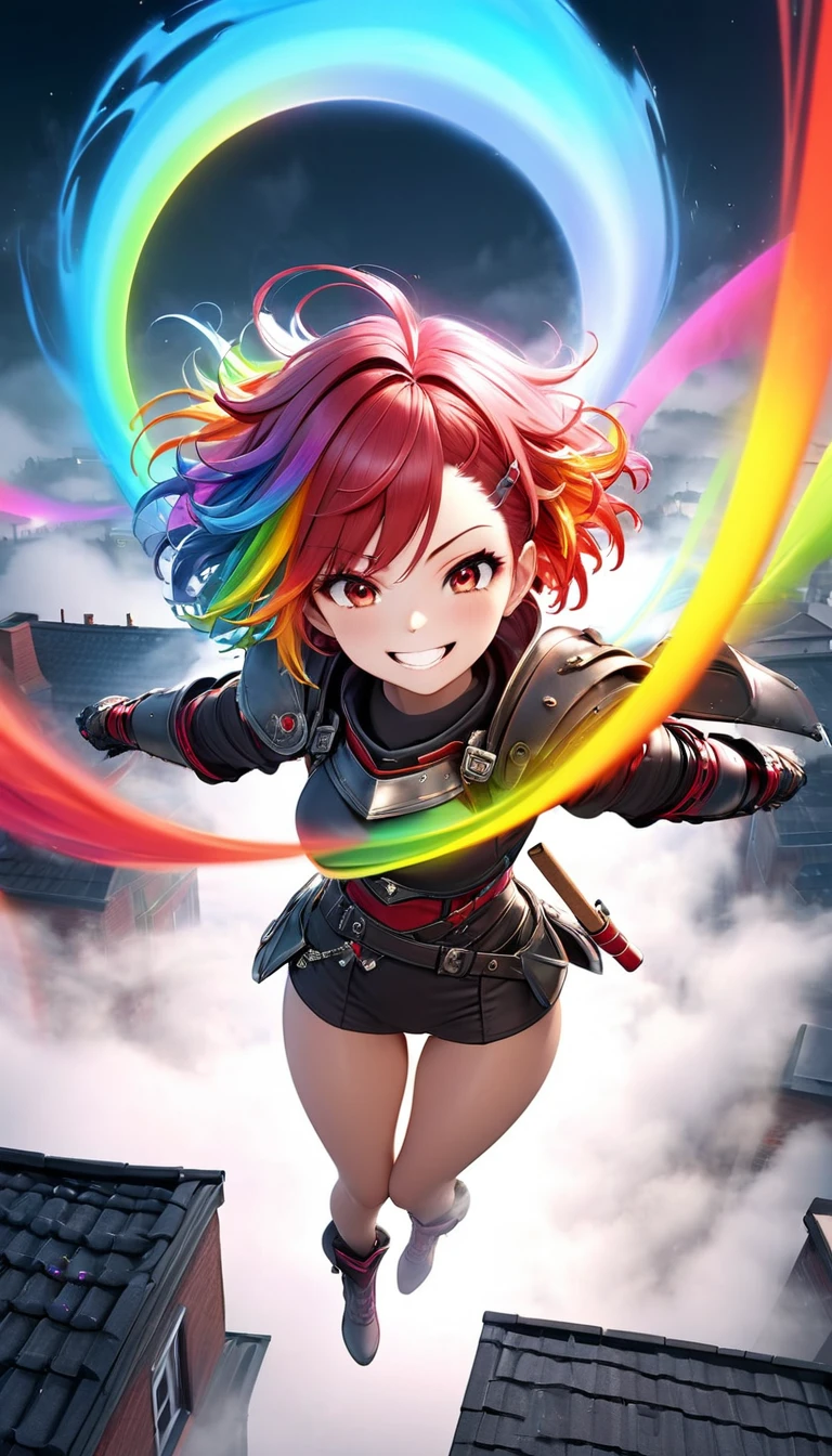 From above, Highest quality, Highest quality, 16K, Unbelievably absurd, Very detailed, 3D, delicate and dynamic, Ruthless, Cool and beautiful female warrior, Shining Rainbow Perspective, Rainbow colored messy wavy short hair, Captivating look, Excited expression, Teasing Smile, Grin, Mischievous Smile, Heavy Armor,Ominous Aura Swirl Effect, Background Rooftop , Big Red Full Moon, Exposed Steel, Flying glass, spark, cigarette, fog, Spooky atmosphere colors, Slow-motion effect, Dark fantasy