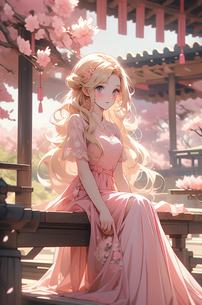 Anime style young female character with long blonde hair, big eyes and pink dress，With flowers and lace details sitting under the cherry blossom tree with a traditional Japanese pavilion in the background、Dreamy atmosphere