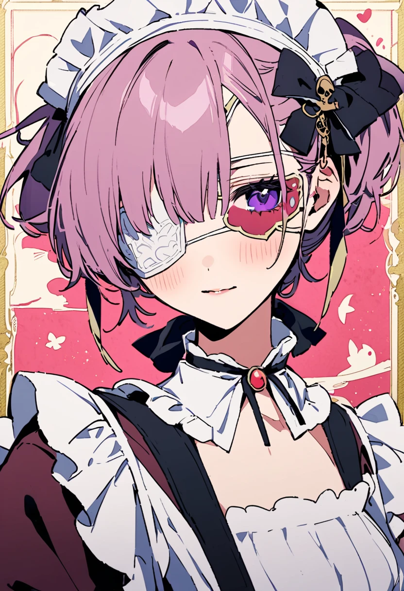 masterpiece, Highest quality, Illustration of the novel, High resolution, 18+ Adult content, Sensual, Intimate, Emotional, Passionate, romantic, sweet, Adorable, Innocent, Pure, Charmな, Charmな, Charm, mysterious, Charmな, Charmな, Immersive, Charmな, dream-like, Surreal, Imaginative, Whimsical, Artistic, Avant-garde, timeless, elegant, Sophisticated, chic, Sophisticated, personality, original, Charmな,((Maid clothes:1.3)),((Loli Pirate:1.3)),((Eye patch:1.3))、((Upper Body:1.3))