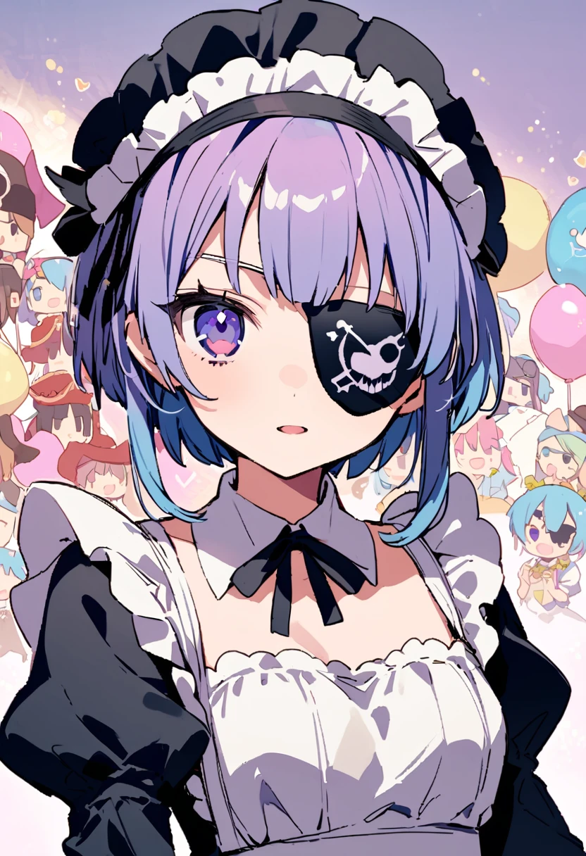 masterpiece, Highest quality, Illustration of the novel, High resolution, 18+ Adult content, Sensual, Intimate, Emotional, Passionate, romantic, sweet, Adorable, Innocent, Pure, Charmな, Charmな, Charm, mysterious, Charmな, Charmな, Immersive, Charmな, dream-like, Surreal, Imaginative, Whimsical, Artistic, Avant-garde, timeless, elegant, Sophisticated, chic, Sophisticated, personality, original, Charmな,((Maid clothes:1.3)),((Loli Pirate:1.3)),((Eye patch:1.3))、((Upper Body:1.3))