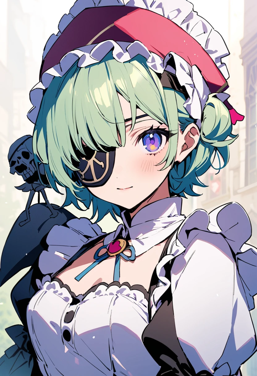 <lora:testbluerushia2_3:1>, bluerushia, green hair, double bun, short hair, blue bow, skull hair ornament,