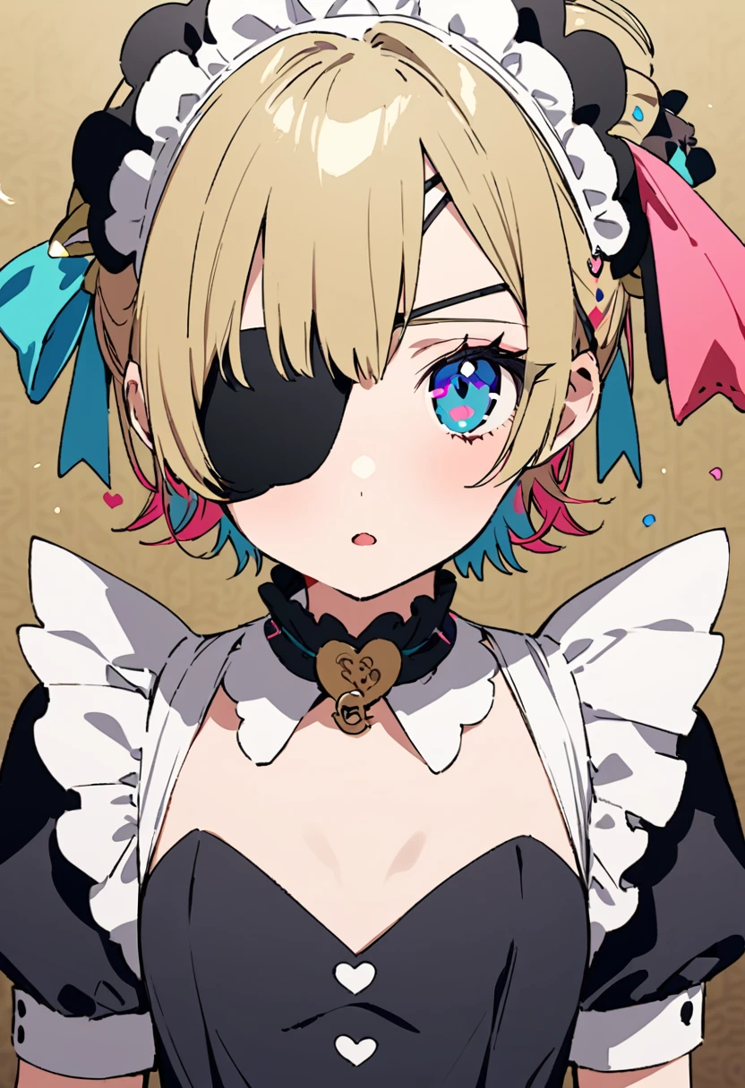 masterpiece, Highest quality, Illustration of the novel, High resolution, 18+ Adult content, Sensual, Intimate, Emotional, Passionate, romantic, sweet, Adorable, Innocent, Pure, Charmな, Charmな, Charm, mysterious, Charmな, Charmな, Immersive, Charmな, dream-like, Surreal, Imaginative, Whimsical, Artistic, Avant-garde, timeless, elegant, Sophisticated, chic, Sophisticated, personality, original, Charmな,((Maid clothes:1.3)),((Loli Pirate:1.3)),((Eye patch:1.3))、((Upper Body:1.3))