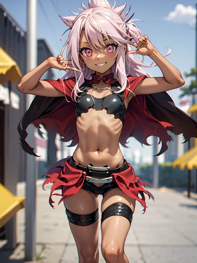 masterpiece, best quality, chloekuro, solo, long hair, dark skin, pink hair, small breasts, yo, (petite),
smile, standing, crop top, Navel, short shorts, park,