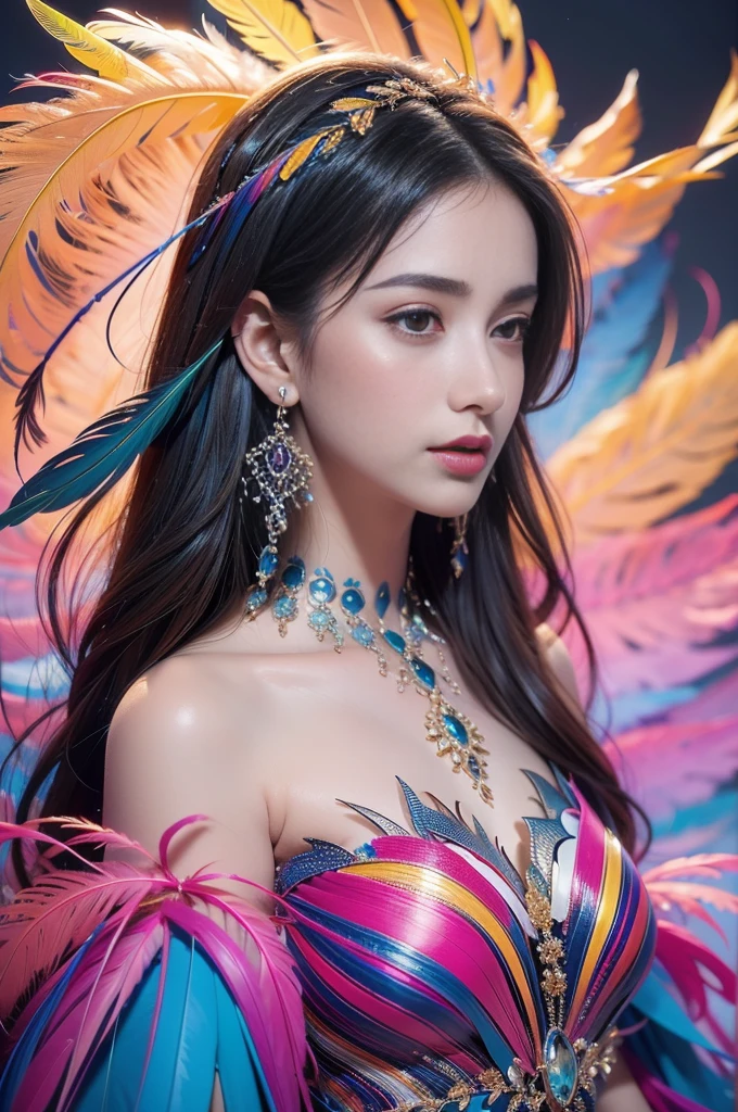 1 sister,(earrings feather:1.2),(tmasterpiece, quality, Best quality, offcial art, Beautiful and beautiful:1.2),very detailed nipples,(s fractal art:1.1),(Colorful:1.1),Feather background,