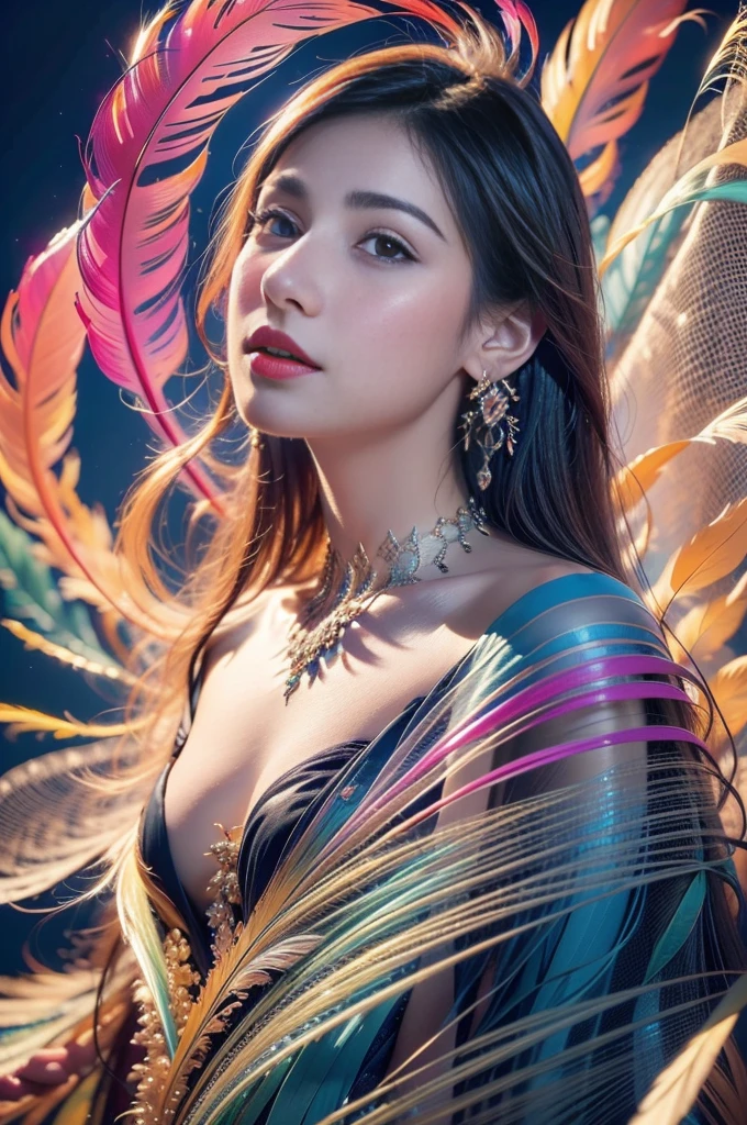 1 sister,(earrings feather:1.2),(tmasterpiece, quality, Best quality, offcial art, Beautiful and beautiful:1.2),very detailed nipples,(s fractal art:1.1),(Colorful:1.1),Feather background,