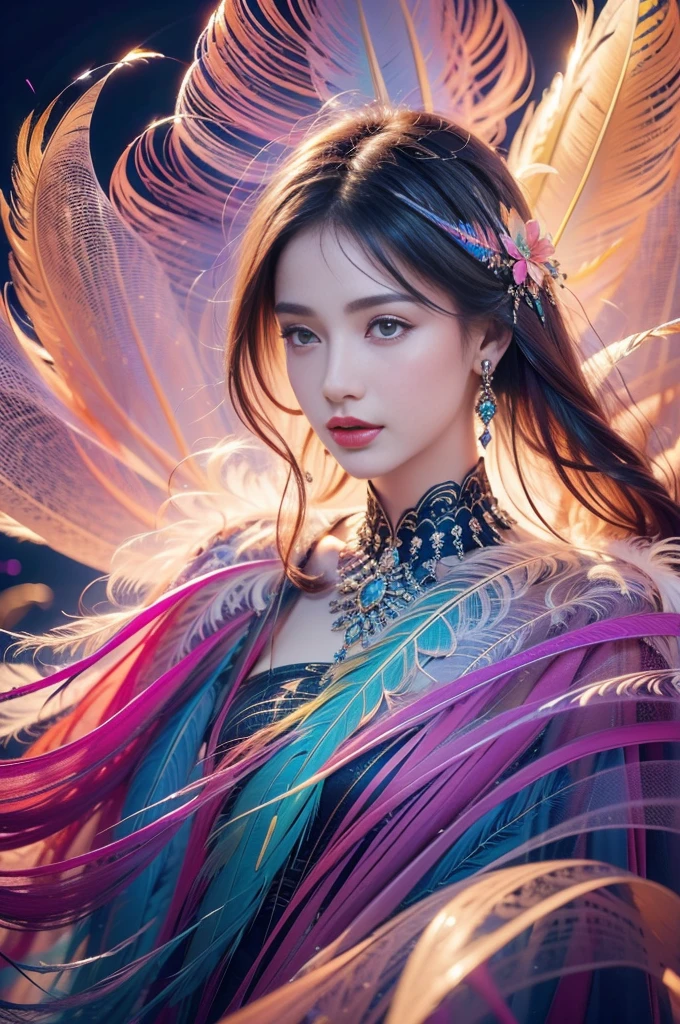 1 sister,(earrings feather:1.2),(tmasterpiece, quality, Best quality, offcial art, Beautiful and beautiful:1.2),very detailed nipples,(s fractal art:1.1),(Colorful:1.1),Feather background,
