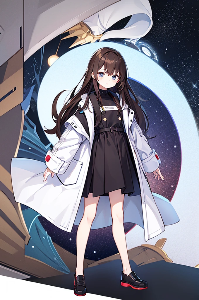 True Face、Full-body portrait、Are standing、Brown Hair、Long Hair、adult、Scientist、SF、Wearing a mechanical white coat